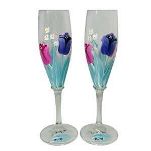 Vintage 98' Hand Painted Flowers Tulips Champagne Flute Glasses Lot of 2